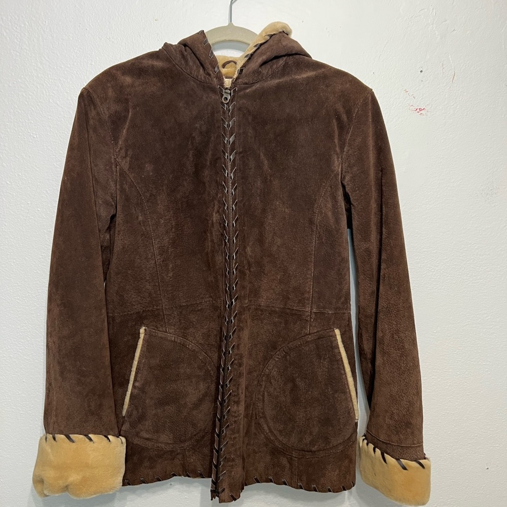 Wilsons‎ Vintage Leather Jacket Womens Medium Brown Suede Faux Fur Trim Hooded